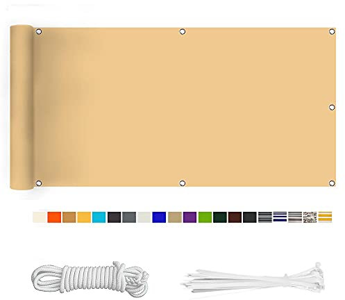 Balkon Sichtschutz, Balkonabdeckung 220 g/m² Innen Balkonverkleidung UV-Schutz (210Größen&21Farben) Ohne Bohren mit Ösen Kabelbinder und Kordel für Balkongeländer Terrasse,90X200CM Strand Gelb