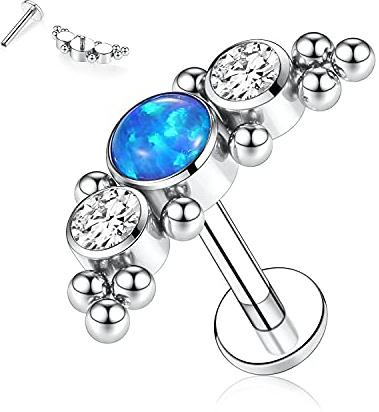 hengkaixuan 16G G23 Titan Labret Ohrstecker Innengewinde Lippenstifte Flat Back Labret Tragus Piercing 6mm Monroe Medusa Lippenpiercing Silber mit blauem Opal CZ Lobe Knorpel Conch Ohrring Schmuck