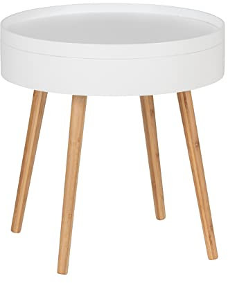 WENKO Beistelltisch Finja, moderner runder Couchtisch mit Tablett & Staufach, Scandi Chic Nachttisch aus hochwertigem, nachhaltigem Bambus kombiniert mit MDF, Ø 49,5 x 51,5 cm, Weiß/Natur