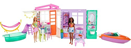 Barbie House Gift Set with 2 Fashionistas Dolls (11.5 in, Blonde & Curvy Brunette), Dollhouse, Boat, Pool & Hammock, Gift for 3 to 7 Year Olds