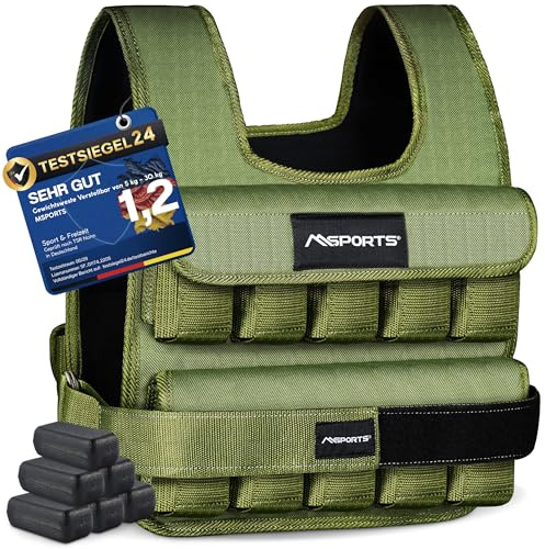 MSPORTS Gilet Pesi Premium Regolabile 5-30 kg | Da Corsa per Uomo e Donna | Allenamento Fitness (10 kg, Verde Militare)