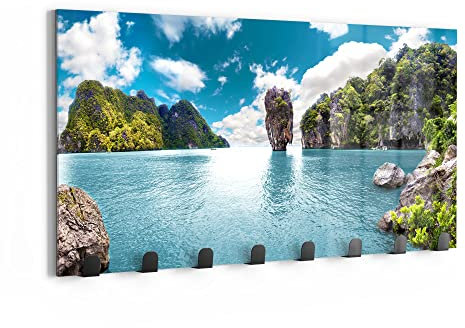 DEQORI Wandgarderobe Glas & Metall | Motiv Paradiesisches Thailand | 60x30 cm | Design Haken-Leiste modern | Garderoben-Paneel für Flur, Wohnzimmer & Schlafzimmer | magnetisch & beschreibbar