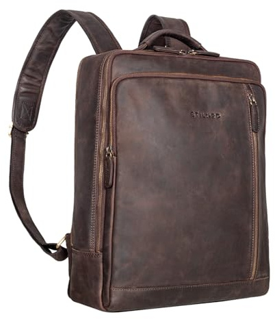 STILORD Kaleb Laptop Backpack 15 Inch Leather Business Backpack Large Rucksack Bag with Trolley Attachment System Vintage Leather Colour:Dark - Brown