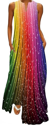 Ocean Plus Donne Senza Maniche Gonna Lunga Scollo a V Stampato Abito Floreale Senza Maniche Maxi Abito con Scollo a V (XXL, Colore Arcobaleno)
