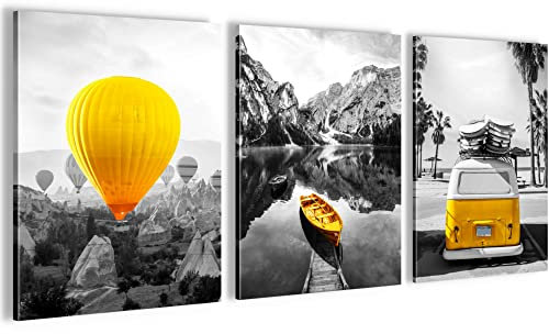 Novart Wandbilder Set Natur - KOMPLETT AUFHÄNGFERTIG - Wohnzimmer Schlafzimmer Deko - 3 Moderne Bilder Gelb Schwarz Weiss Grau - N006535a