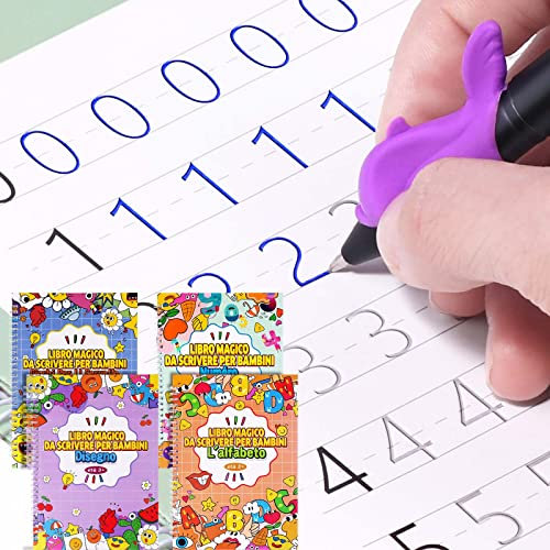 QianShouYan 4 Grande Calligrafia Magica Italiano Quaderni Riutilizzabile,Libro Magico da Scrivere per Bambini +2 Penne+10 Ricariche +2 Correttori di Postura delle Dita