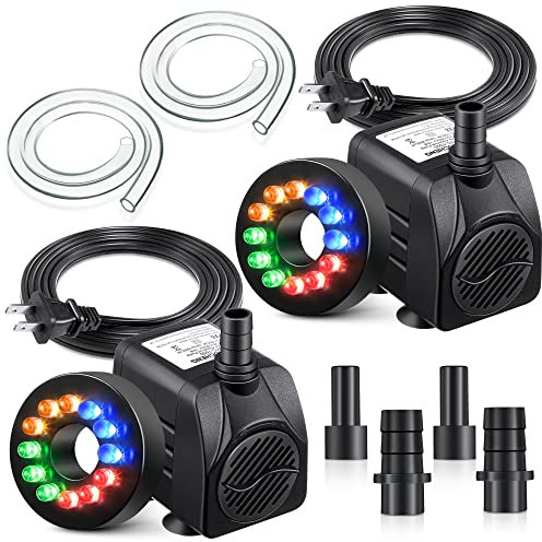 2 Pack 10W 160GPH Submersible Fountain Pump with 12 Color LED Lights, Small Fountain Pump with 4 Spray Nozzles, Ultra Quiet Design for Outdoor Pond, Aquarium, Fish Tank