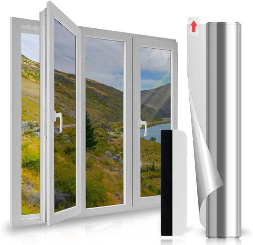 Antrect One Way Window Film 90x400cm Silver Anti UV Film Privacy Mirror Anti Glare Reflective Window Film Heat Control Window Tint Sun Blocker Window Sticker Privacy Film For Glass Windows