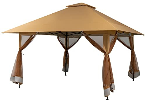 GOPLUS Tonnelle de Jardin 4X4 M Pliable à Double Toit avec Hauteur Réglable, Pavillon de Jardin avec Parois Latérales Amovibles & Sac de Transport à Roues, pour Pique-Niques, Camping (Kaki)