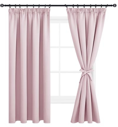 DWCN Wide Curtains with Tiebacks Blackout Curtains Pencil Pleat for Bedroom Thermal Insulated Curtains for Living Room 66 x 72 inch Length, Pink, 2 Panels