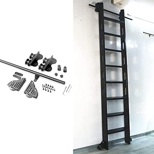 Rollleiter-Hardware-Bibliothek (ohne Leiter) mit Bodenrollenrädern, Schiebe-Scheunentor-Hardware, 3,3 Fuß bis 20 Fuß-Kit, Schwarze einziehbare Rundrohr-Mobile-Komplettschiene (Größe: 3,3 Fuß/100 cm