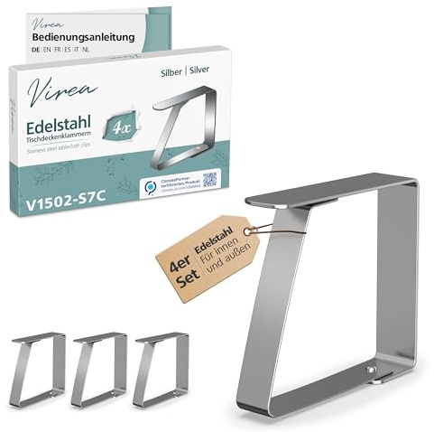 virea 4 x Tischtuchklammern Silber, für 5 cm Plattenstärke | Tischdeckenklammern & Tischtuchklemmen aus Edelstahl | für innen & außen | leicht abwaschbar | abgerundete Kanten