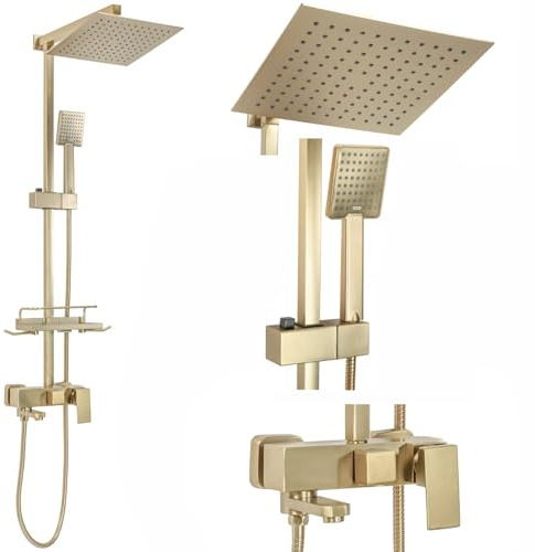 Rea Duschsystem JACK BRUSHED GOLD Duschset Duscharmatur mit Duschkopf und Kopfbrause aus Messing Duschgarnitur für Badezimmer (Gebürstetes Gold)