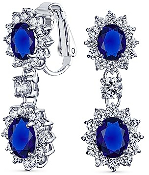 Boucles D'Oreilles À Pince Pour Femmes, Style Vintage, Saphir Bleu Simulé, Avec Pavé Et Couronne De Zirconium AAA Cz, Avec Pendentifs En Forme De Chandelier Ovale.