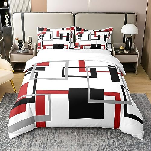 Homewish Housse de Couette Carrée en Coton 220x240, Rayures Blanches, Noires, Rouges et Grises, Ensemble de Literie À Carreaux Géométriques pour Hommes Femmes, Parures de Lit Modernes Créatives, Doux