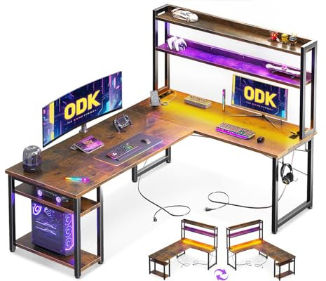 ODK Gaming Tisch Mit LED, 168×120 cm Reversibel Schreibtisch L Form Mit Steckdosenleiste, Eckschreibtisch Eckschreibtisch Mit Aufsatzregal Für Spielzeugfiguren, Vintage Braun