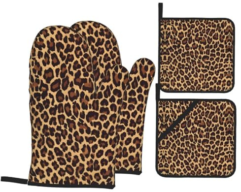 Coole Ofenhandschuhe und Topflappen, Leopardenmuster, 4 Stück, lustige hitzebeständige Ofenhandschuhe mit heißen Pads, heiße Pads für Küche, Kochen, Backhandschuhe