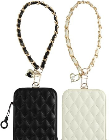 AHABIPERS Handykette Kurz Universal, Leder&Metall Handyanhänger, Handy Schlüsselband, Handschlaufe, Handygurt, Handyband, Kompatibel mit iPhone/Samsung/Jedem Handy/Tasten, 2 Stück - Schwarz&Weiß