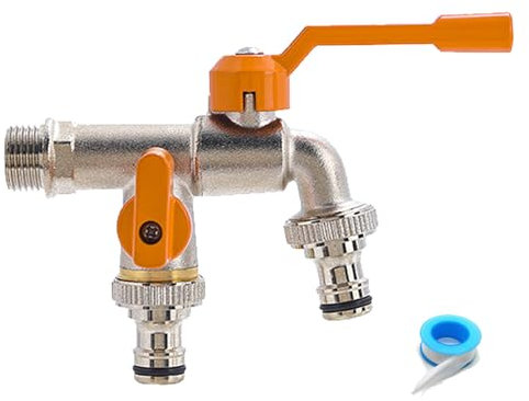 Rubinetto da Giardino in Ottone, 1/2 Pollici Doppia Uscita Con 2 Connettori per Tubo - Antigelo e Antiruggine per Lavatrice, Macchina Pioggia, Barile