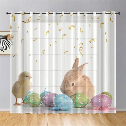 ENEN Modern Halbtransparent Bistrogardine, 2er Set Scheibengardinen, Ostern - Schlaufengardinen Gardinen Küche Türgardine für Kleine Fenster Küche Wohnzimmer Landhaus (Farbband,55x95cm)