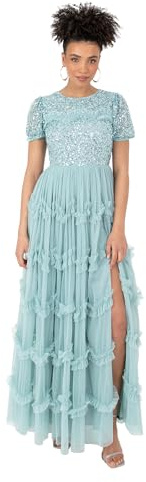 Maya Deluxe Women's Ladies Maxi Dress Round Neck Short Puff Sleeve Sequin Embellished Ruffle A-Line Bridesmaid Prom Ball Gown, Vestito da Donna, Turquoise,