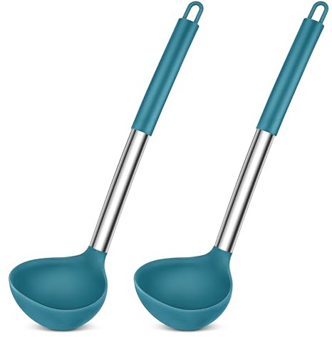 Herogo Lot de 2 louches à soupe en silicone de 31 cm avec poignée en acier inoxydable - Grande cuillère pour servir des soupes - Résistantes à la chaleur et anti-adhésives - Facile à nettoyer - Bleu
