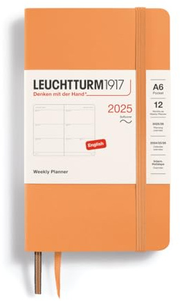 LEUCHTTURM1917 370683 Agenda semanal 2025, bolsillo A6, tapa blanda, planificador de 12 meses, a rayas, albaricoque, inglés