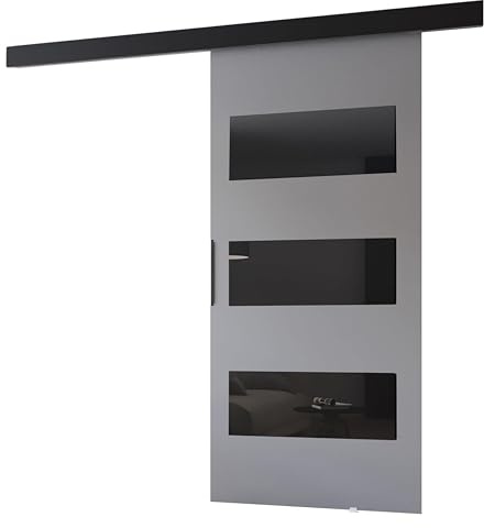MINIO go for it - Schiebetüren 106 cm, Schiebetür Zimmertür PRIM E, Schiebetürsystem für Zimmer, Dekorative Elemente, Wandmontage, Türe Innen - Schwarz/Schwarzer Griff, Grau/Schwarz