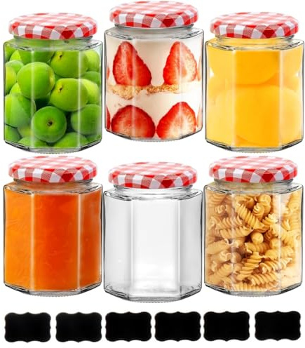 6 Pack 280ml Glass Jam Jars with Red Gingham Lids & Labels, Hexagonal Airtight Preserving Jars, Overnight Oats Jar, Clear Glass Storage Jars for Jam, Pickles, Chutney, Honey, Coffee & Bulk Foods