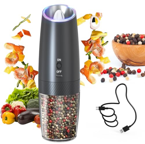 CIRCLE JOY Gravity Electric Pepper Grinder Rechargeable Salt Grinder Pepper Griner Mill Electric with LED Light, No Battery Needed, Adjustable Coarseness, Washable 135ml Container, Black