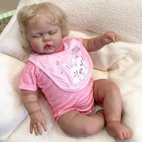 YIHANGG 24Zoll Reborn Baby Puppe Augen Schließen Kleinkind Neugeborene Puppe 60cm Prinzessin Mädchen mit Blondem Haar Lebensecht 3D Skin Art Puppe Geburtstag Weihnachten Geschenk
