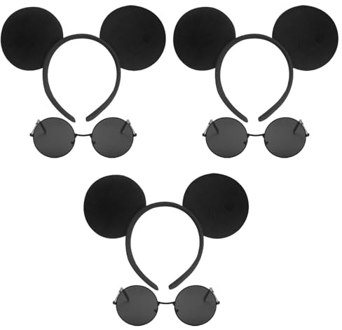 EUPSIIU 6 stycken utklädda Musse Pigg-öron för barn och vuxna, svarta Mickey Mouse öron pannband och runda solglasögon, djuröron för cosplay halloween fest (svart)