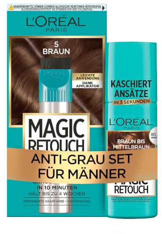 L'Oréal Paris Magic Retouch: Permanente Haarfarbe für Männer, Braun/Mittelbraun, Kaschierspray für natürliche Abdeckung von Haaransätzen, 100% Grau-Haar-Abdeckung, Bis zu 4 Wochen Halt, 75 ml & 150 ml