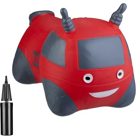 Relaxdays Hüpftier Feuerwehrauto, Springtier, bis 50 kg, BPA frei, Kinder ab 3 Jahre, inklusive Luftpumpe, Hopser, rot