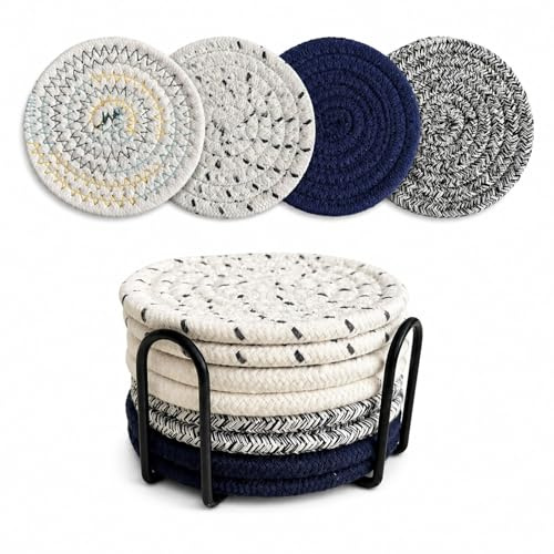 8 Pcs Absorbent Coasters Set with Holder Drinks Modern Dining Room Decor Housewarming Woven Cup Mat Hot Cold Drinking (blue style)