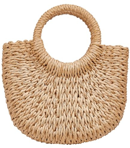 INFUNLY Complete Crochet Bag Brown Crochet Straw Handbag for Women Gift Women Straw Handbag with Handle Finished Hand-Knitted Handle Bag for Daily Holiday Beach Use Birthday Gift 10.24×2.36×7.1