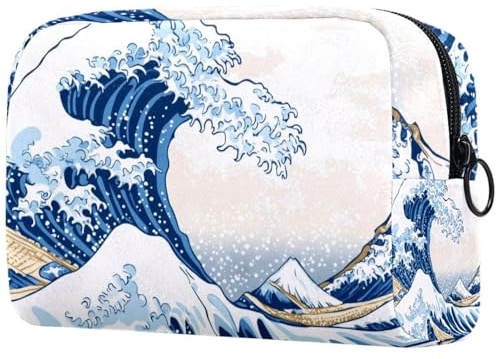 Traditionelle Kosmetiktasche mit japanischen Wellen, Reise-Kulturbeutel, groß, Make-up, praktische Tasche, Organizer-Tasche mit Reißverschluss