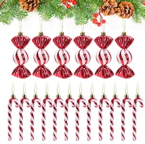 18 Stück Zuckerstangen Weihnachten Deko Zuckerstangen Weihnachtsbaum, Anhänger Weihnachten Glitzer Weihnachtsbaumschmuck Rot & Weiß Süße Hängende Weihnachtsbaum Dekorationen Bonbon Ornamente für Party