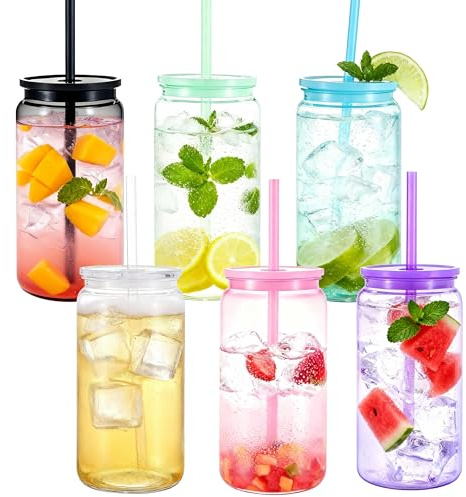 Yisituo 500ml Plastic Cups with Lids and Straws, Reusable Iced Coffee Cups, BPA Free for Smoothies, Hot/Cold Drinks, Cola, Juice, Soda, 6 Pack (6, Candy)