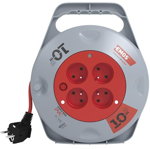 EMOS - Mini enrouleur de câble 10m - 4 prises French - 230 V, 10 A, 2300 W - isolation PVC de haute qualité - H05VV-F3G 1,0 mm2 - avec interrupteur thermique - IP20 pour l'intérieur