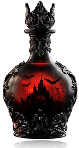 Botella de whisky estilo poción mágica, decantador de vino gótico de vampiro con diseño de castillo de murciélago, botellas de elixir de fantasía oscura, vidrio negro y rojo brillante, decoración de