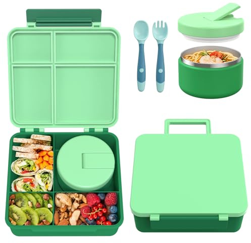 Itslife Brotdose Kinder mit 4 Fächern Set mit 300ml Thermobehälter für Essen, Auslaufsicher Bento Box, BPA-Freie, Lunchbox für Kinder, Erwachsen, Ausflüge, Grün