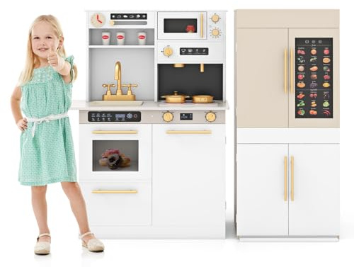 COSTWAY Cuisine Enfant avec Réfrigérateur, Tableau Mural Parlant Éducatif, Cuisine en Bois Enfant avec Lumières et Sons, Cuisinière, Cafetière, Micro-Ondes, Horloge, pour Garçons Filles 3+ Ans