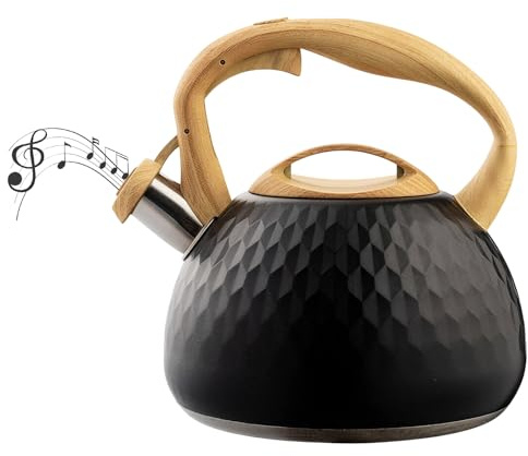 Stove Top Kettle, Yolispa 3L Stainless Steel Whistling Tea Kettle with Wood Pattern Handle, Gas Hob Kettle for Tea and Coffee, Camping Kettle for Induction, Hob, Gas (Black)