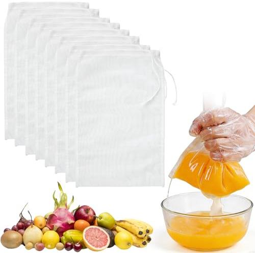 ARWIG 8-pack Nötmjölkspåsar, Återanvändbara Sildukar, Finmaskiga Filterpåsar i Nylon, Tvättbara med Dragsko för Nötmjölk, Ost, Kaffe, Yogurt och Juice (20 x 30 cm)