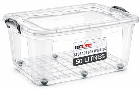 BH | Plastic Storage Box with Lids and Wheels | LARGE Size | 50L (L:63.5cm W:40.5cm H:33.5cm) | Set of 1 | Stackable Clear Durable Multipurpose Office Toys Home Tools Crafts Household - by Best House