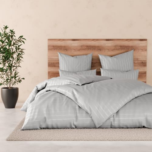 Pure Label Satin Bettwäsche 2x135x200 2x80x80 gestreift grau | 100% Baumwolle & Oeko-TEX Zertifiziert - Elegante und angenehm