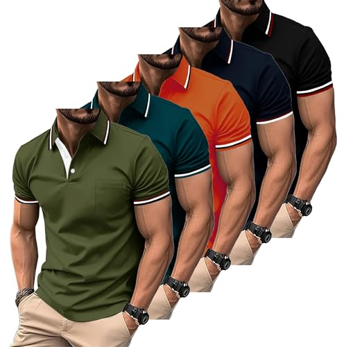ZITY Lot de 5 Polo pour Homme Polo de Golf Manches Courtes Léger T Shirt pour Les Vacances Travail avec Boutons Printemps été Chemise Respirant