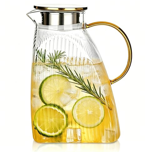 1.8L Glass Pitcher with Stainless Steel Lid – Heat-Resistant Borosilicate Water Jug for Hot & Cold Drinks, Iced Tea, Juice, Milk – Vertical Stripe Glass Carafe for Home & Kitchen
