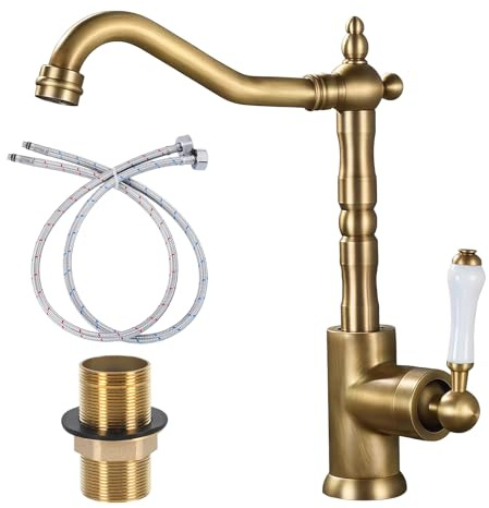 Kitchen Tap, Vintage Single Lever Kitchen Sink Mixer Tap with 360° Rotating Long Curves Spout, Brass Bathroom Basin Faucet with Ceramic Valve, Includes Hoses and Mounting Kit (Gold)